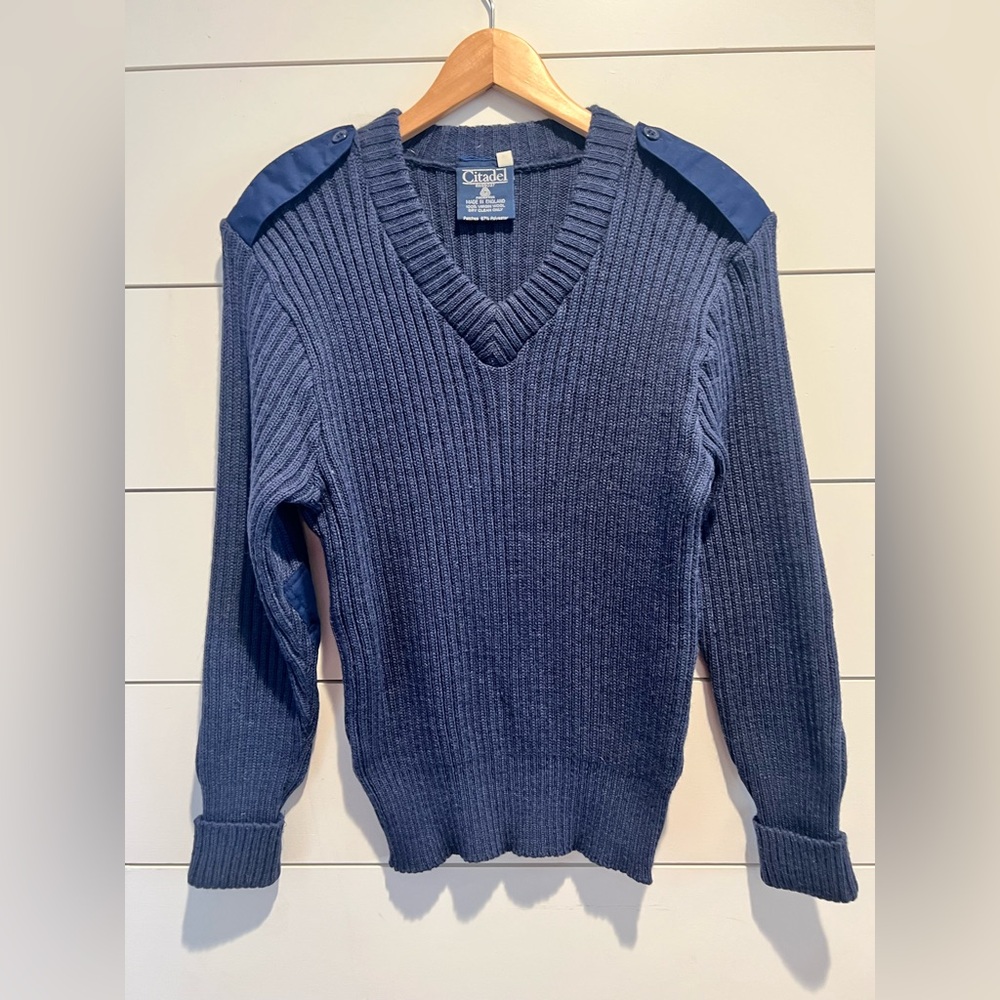Citadel Sweater Mens 40 Blue Virgin Wool V-Neck Elbow Patch Ribbed Knit Military